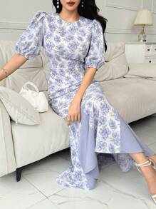 Modelyn Floral Print Puff Sleeve Contrast Mermaid Hem Dress For Summer - Multicolor - View 5