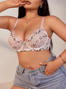 FloralLove Embroidered Floral Romantic Pastoral Sweet Pink Plus Size Bralette & Wireless Bra  Cozy And Elegant Details - Multicolor - View 5
