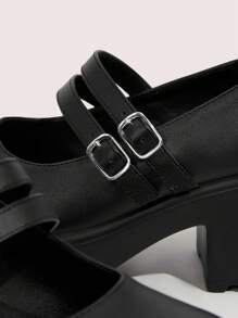 CUCCOO DOLLMOD Women Double Buckle Decor Platform Shoes, Elegant Black Mary Jane Shoes For Summer Vacation Shoes Summer Christmas Fall New Year Holiday