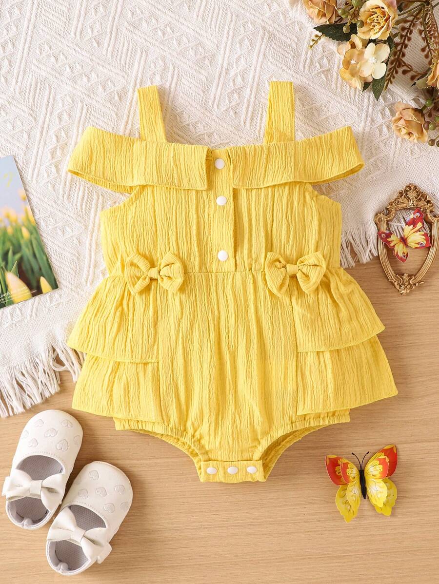 Bộ đồ liền thân mùa hè màu vàng cho bé gái có dây đeo - Màu vàng - Xem 1