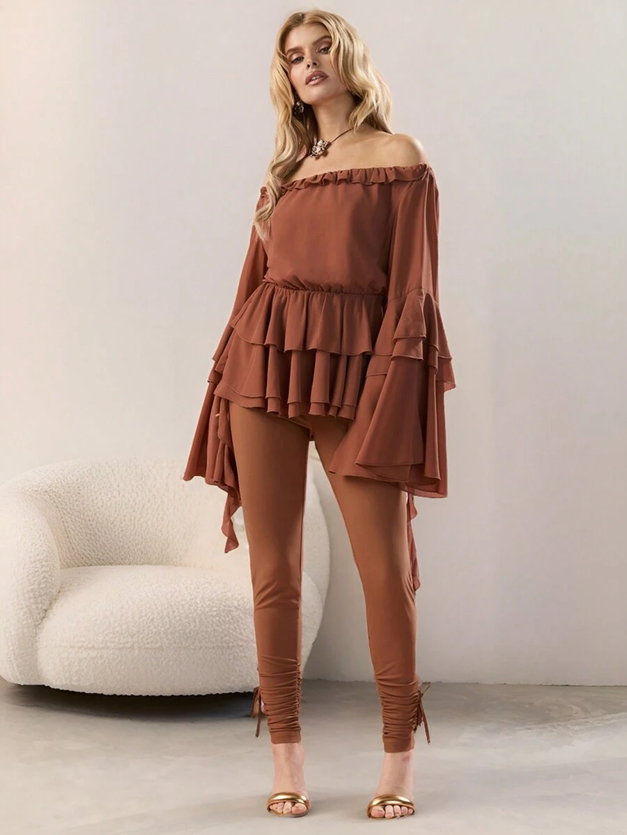 COSMINA Women's Reddish Brown Color High-Waisted Foot-Tied Wrinkle Fashion Leggings - Brown - View 1