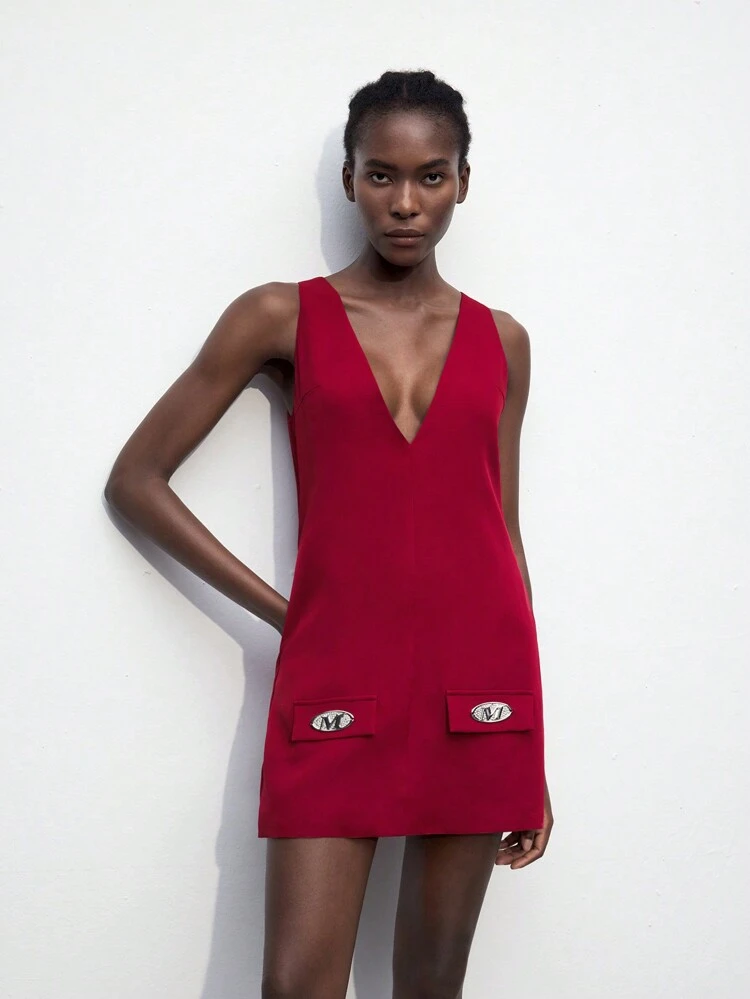 SHEIN Maija Women's Fashionable Deep V-Neck Sleeveless Red Birthday Dress, Summer
