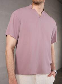 Manfinity Homme Men's Summer Solid Color Notched V-Neck Short Sleeve Casual Loose Shirt