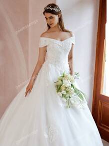 Robe de mariée Empire à l'épaule dénudée avec appliqués perlés élégants (jupon non inclus), robe de mariée pour la mariée