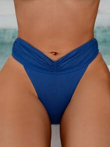 Women's Solid Color Waist Pleated Sexy Bikini Bottoms, Swimwear Summer