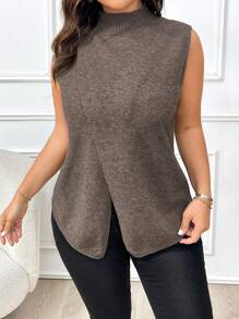 Calvaya Plus虛領包覆式下擺毛衣背心 - 咖啡棕 - 查看 3