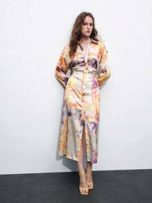 Maija 教师秋季花卉水彩印花收腰长袖衬衫裙女士 - 黃色 - 查看 2