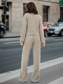 SHEIN Tall Drop Shoulder Zip Up Cardigan & Knit Pants - Beige - View 2