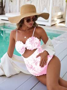 SHEIN 孕婦一件式花卉印花沙灘泳衣，夏日沙灘中空雕花邊緣修剪，孕婦泳衣