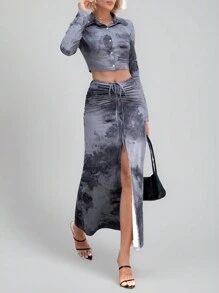 SHEIN Essnce 水洗染印花前釦長袖上衣和綁帶開叉高腰裙套裝，夏季休閒套裝 - 灰色 - 查看 1