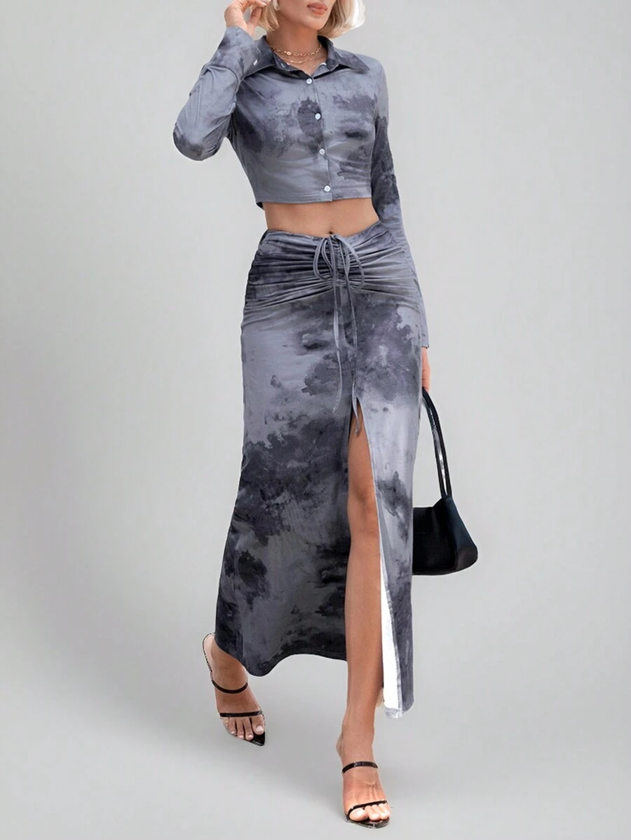SHEIN Essnce 水洗染印花前釦長袖上衣和綁帶開叉高腰裙套裝，夏季休閒套裝 - 灰色 - 查看 1