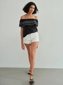 MOTF STUDIO EMBROIDERY RUFFLE TRIM OFF SHOULDER BLOUSE