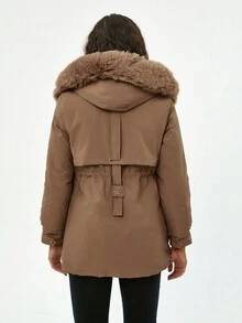 Apperloth A Zipper Drawstring Waist Flap Pocket Fuzzy Trim Hooded Winter Warm Parka Coat - Brown - View 2