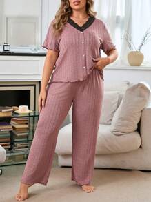 Plus Size Women Contrast Lace Ribbed Short Sleeve Top And Pants Pajama Set - Black - View 5