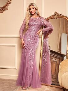 Women Elegant Contrast Sequins Embroidered Mesh Mermaid Hem Evening Dress,Prom Gown,Wedding Guest Dress , Dinner For Holiday Party Clothes - Dusty Pink - View 8