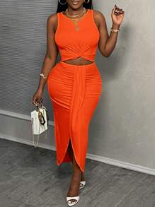 Slaydiva New Arrival Slim Fit Hollow Out Waist Twist Knot Long Dress-Holiday & Casual - Orange - View 9