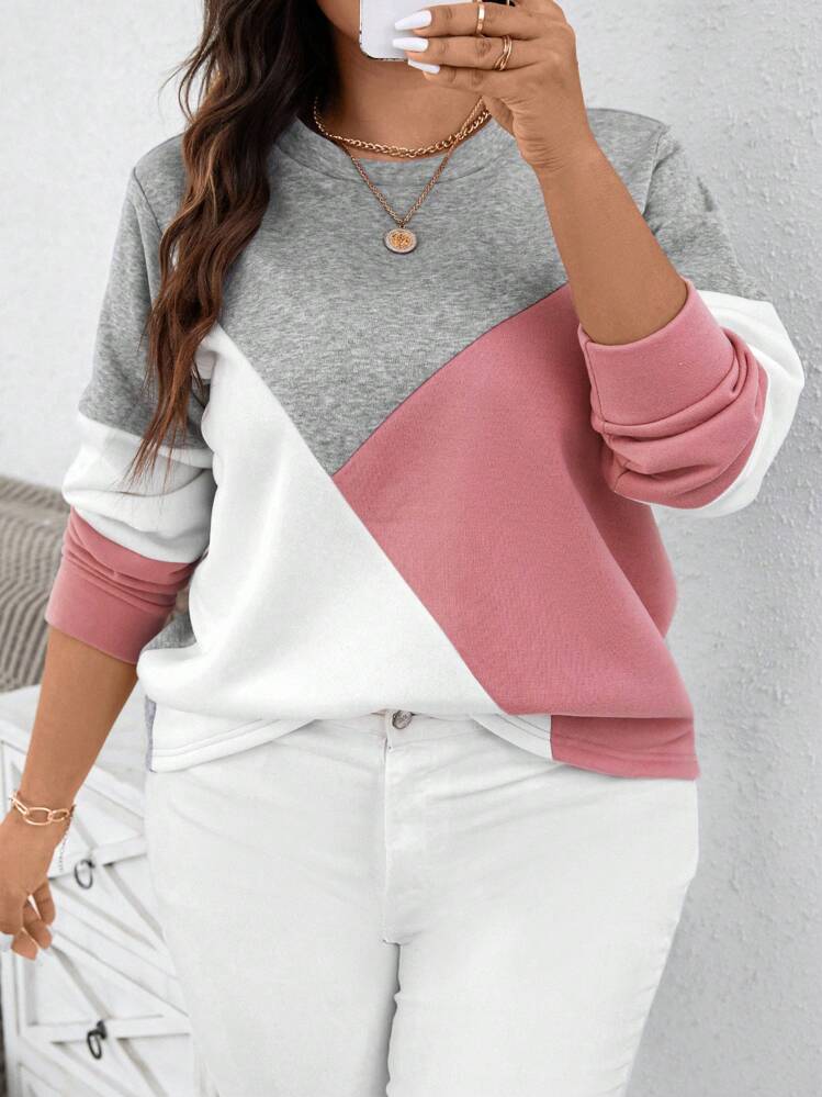 SHEIN LUNE 加大码撞色休闲卫衣，适合春秋季旅行、机场候机等冬季穿着。 - 彩色 - 查看 6