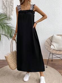 SHEIN LUNE Ladies Leopard Print Spaghetti Strap Long Dress - Black - View 5