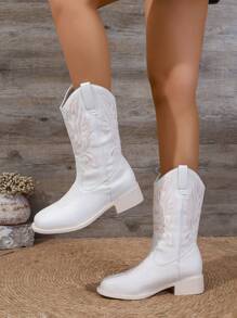 Botas vaqueras occidentales bordadas de punta cuadrada blancas de moda para mujer - Blanco - Ver 2