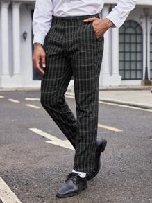 Manfinity Mode Men Plaid Print Slant Pocket Suit Pants - Black - View 5