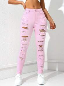 SHEIN Essnce Jeans ajustados rasgados sólidos con bolsillo - Rosa Pálido - Ver 7