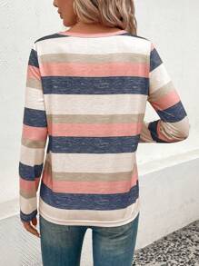 SHEIN LUNE Camiseta gráfica de mujer con bolsillo y estampado a rayas - Multicolor - Ver 2