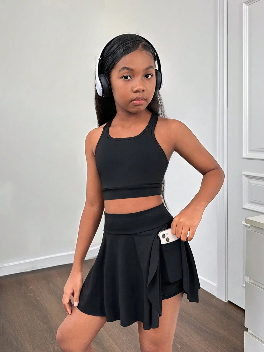 SHEIN Tween Girl's Casual Tennis Knitted Solid Color Tank & Skort Set, Spring/Summer - Black - View 1