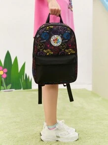 Mr Men Little Miss X SHEIN Black Cartoon And Letter Printed Fashionable Casual Backpack
