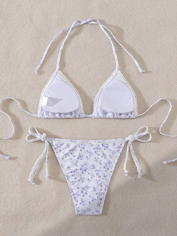 SHEIN Swim 碎花吊带三角绑带侧比基尼夏季 - 藍白色 - 查看 2