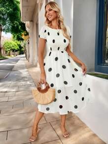 SHEIN LUNE Summer Long White & Black Polka Dot Bodycon Party Elegant Women's Dress - White - View 5