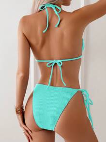 SHEIN Swim 2026 Spring/Summer Mint Blue Thin Strap Halter Circular Ring Decor Side Tie High Cut Thong Bikini 2-Piece Swimsuit - Mint Blue - View 2