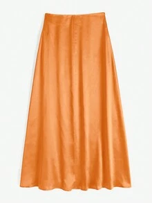 Rok Panjang Midi Model A-Line dengan Pinggang Tinggi, Karet Pinggang Tersembunyi, Resleting Belakang, dan Potongan Duyung, Bahan Satin. - Jeruk - View 2