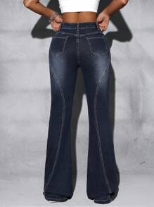 SHEIN ICON Frayed Patchwork Washed Denim Jeans - Dark Wash - View 4