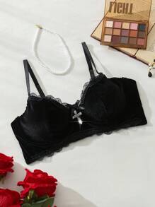 SHEIN Camisola de encaje decorada con lazo para damas de las cuatro estaciones - Negro - Ver 1