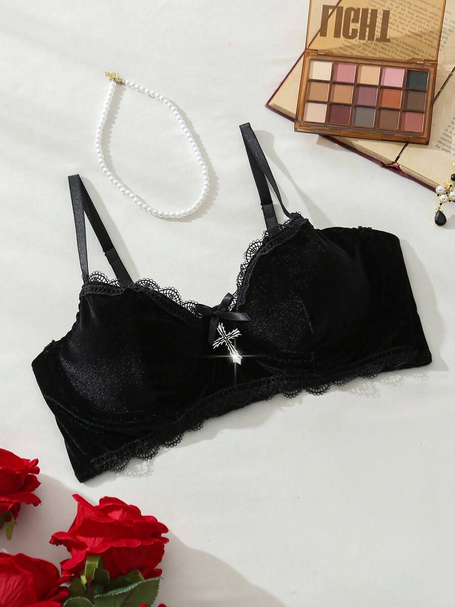 SHEIN Camisola de encaje decorada con lazo para damas de las cuatro estaciones - Negro - Ver 1