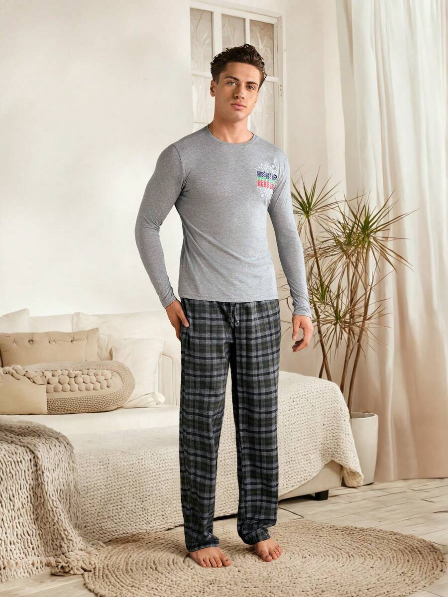 RueChic Men's Letter Printed Long Sleeve T-Shirt And Plaid Pants 2pcs/Set - Grey - View 1