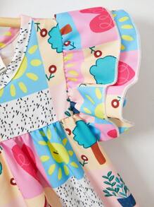 SHEIN Baby Girls' Fun Colorful Checkered Illustration Double Layer Cap Sleeve Dress With Matching Bag, Summer