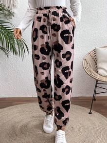 SHEIN LUNE 女士豹紋高腰系腰運動褲，彈性口袋口袋，彈性口袋口袋，有彈性的袖口 - 彩色 - 查看 4