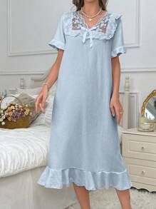 Romantisches Mädchen Transparentes Netz Besticktes Spitzenbesatz V-Ausschnitt Damen Pyjama Nachthemd Langes Kleid, Moo Moo Schlafkleid