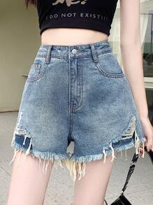 DAZY Dam Casual Frayed Hem Denim Shorts För Vår Sommar