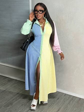 BamGleam Striped Print Colorblock Long Shirt Dress For Summer Maxi Women Outfit Fall Cloth For Women