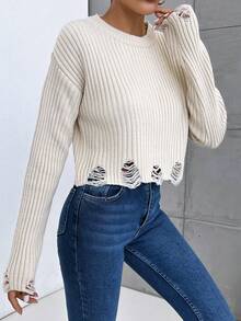 SHEIN Cottnline Women Damage Detailed Casual Soft Touch Sweater - Apricot - View 4