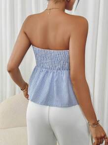 SHEIN Frenchy 女士夏季条纹印花无袖上衣，女士撞色条纹印花上衣，束身胸衣，返校季，教师款，美式上衣，复古风格，教师上衣，70年代复古风，Y2K风格上衣，100%纯棉休闲蓝色上衣 - 藍色 - 查看 2