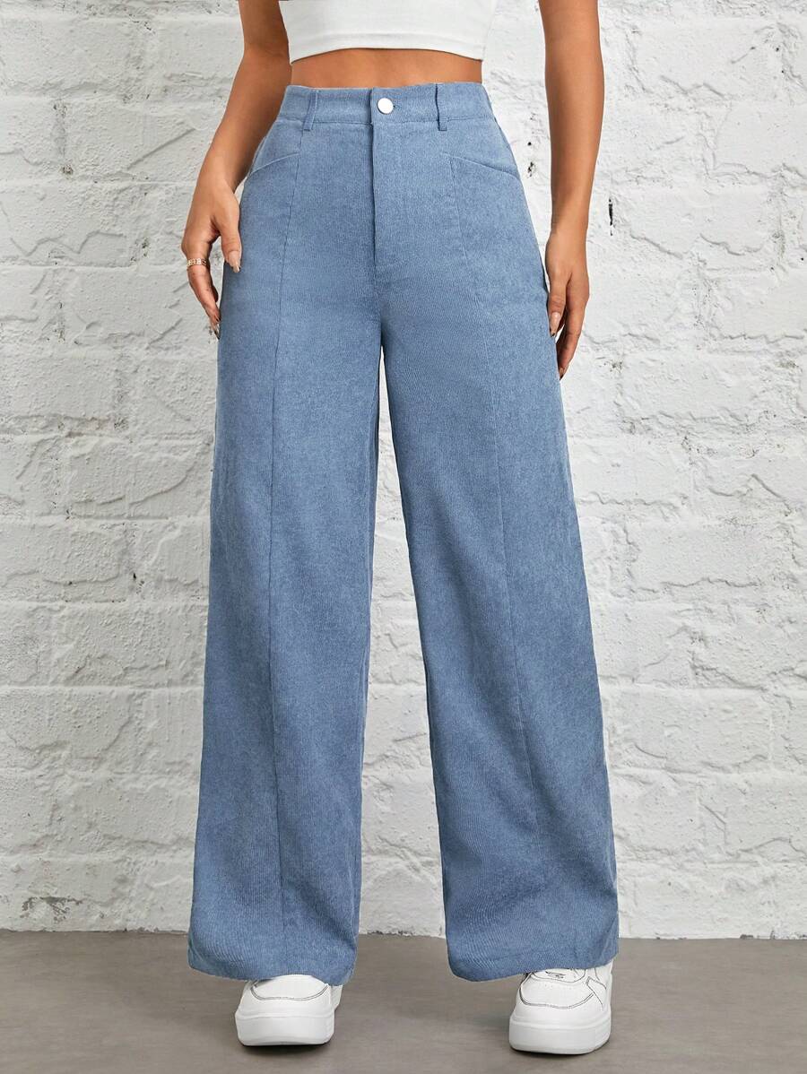 SHEIN PETITE Autumn And Winter Wear Women's Solid Color Straight Corduroy Pants - Blue - View 1