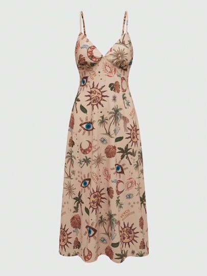 Hippie Plus Size Sun, Moon And Stars Print Cami Dress, Summer Vacation