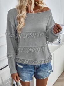 EMERY ROSE Solid Fringe Trim Long Sleeve Sweater, Knit Pullover Fall Winter - Grey - View 1