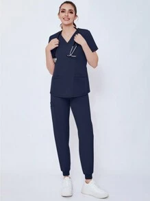 Women's Matte Stretch Jogging Nurse Uniform Scrub Top And Pants Set With Pockets, Breathable Brush Hand Clothing