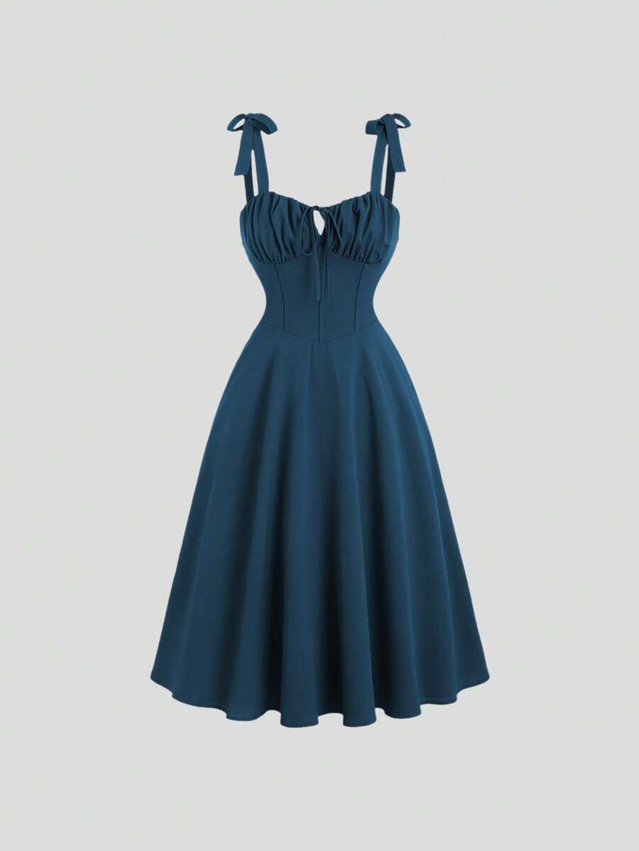 Sweetra 夏季系帶肩褶皺胸部背心裙 - 水鴨藍 - 查看 1