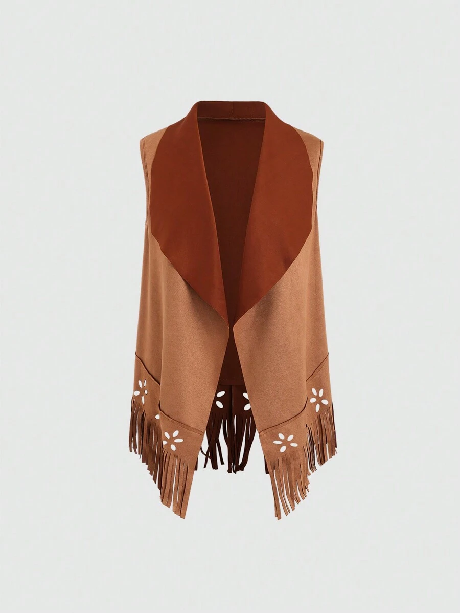 SHEIN Unity Fringe Hem Waterfall Collar Vest Jacket - Brown - View 1