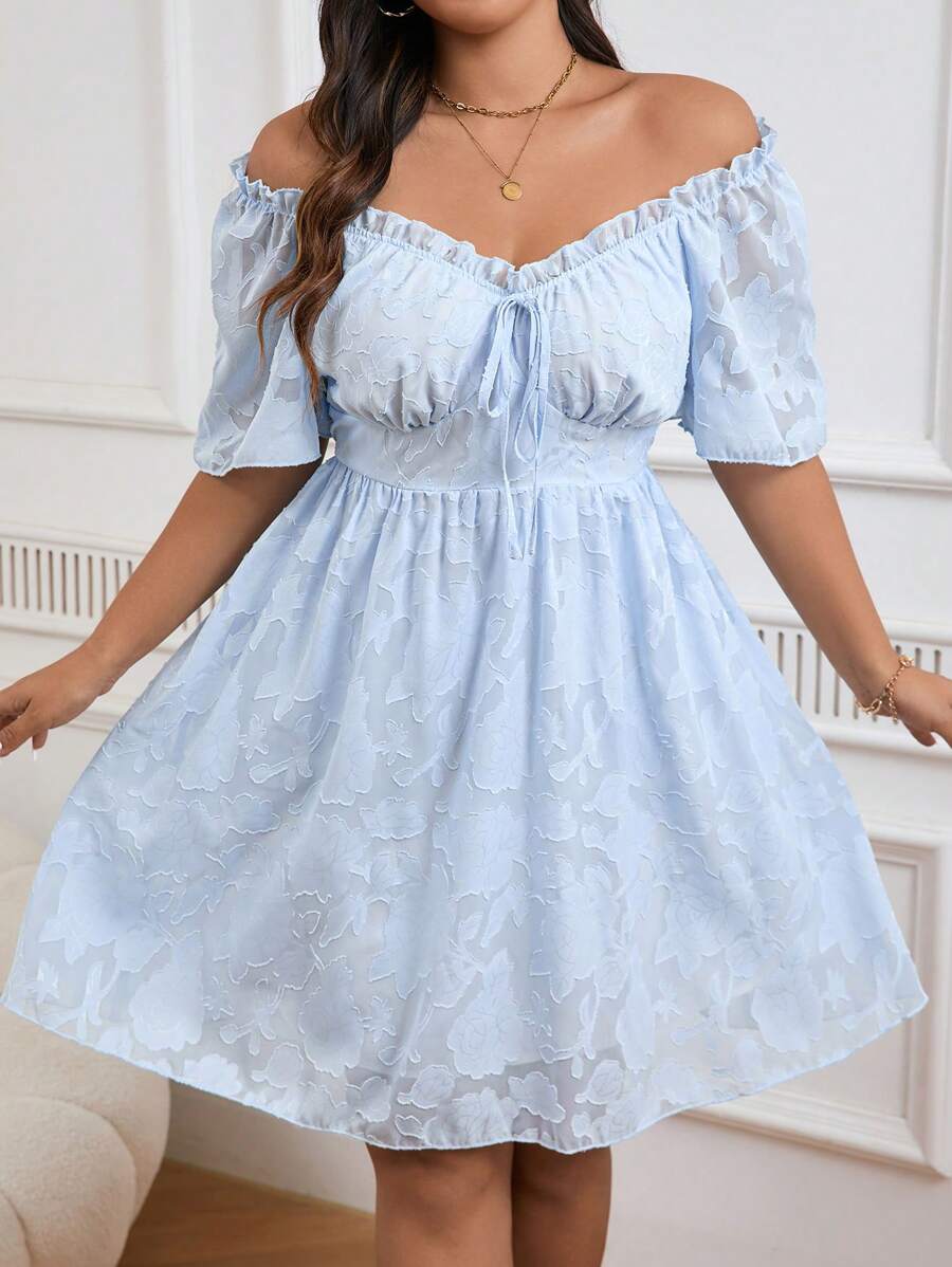 SHEIN Clasi 夏季款實心提花雪紡露肩荷葉邊打結前開衩連衣裙 - 藍色 - 查看 1